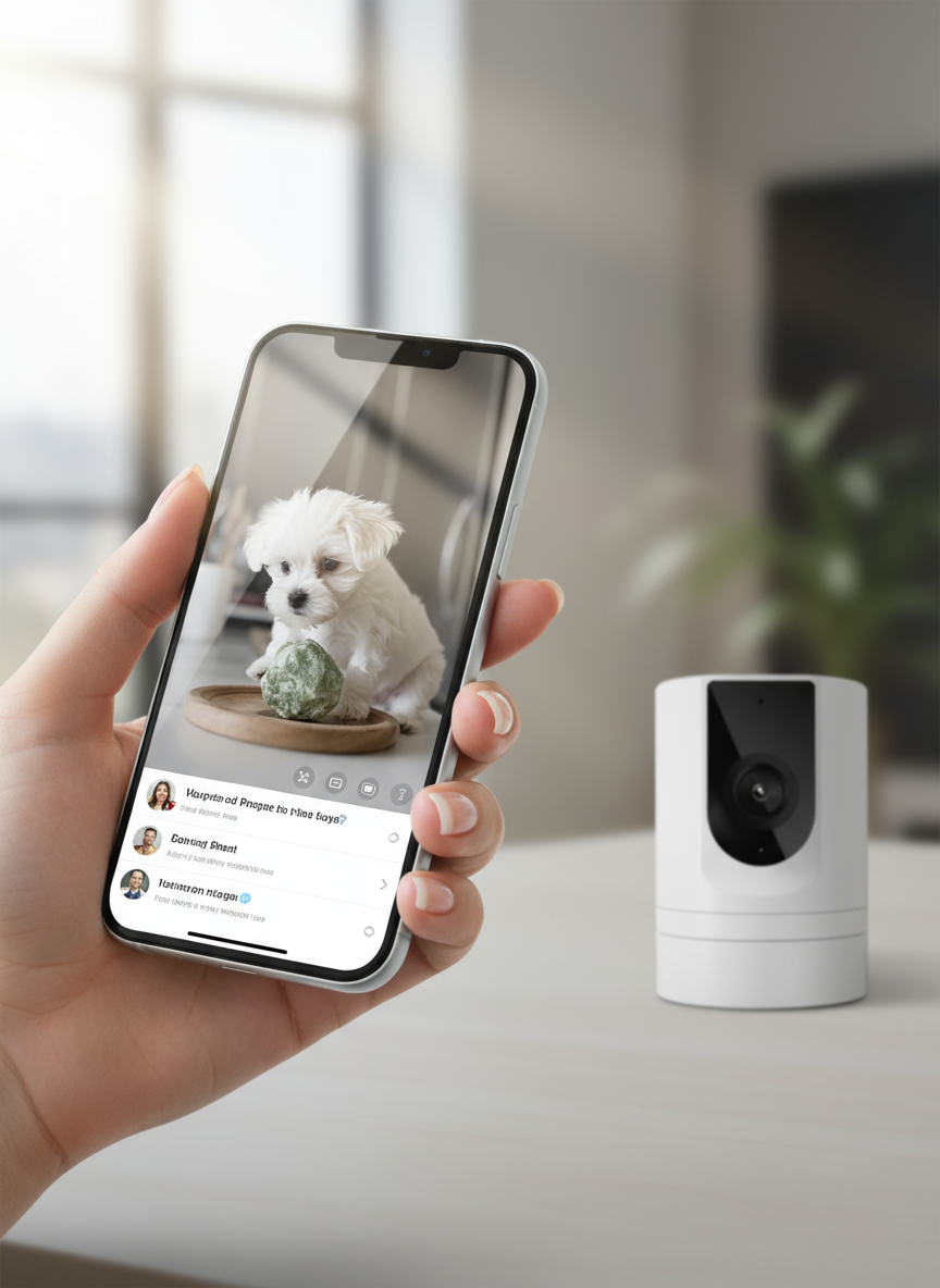 Caméra Wi‑Fi pour animaux — 1080p, vision nocturne, audio bidirectionnel, détection de mouvement