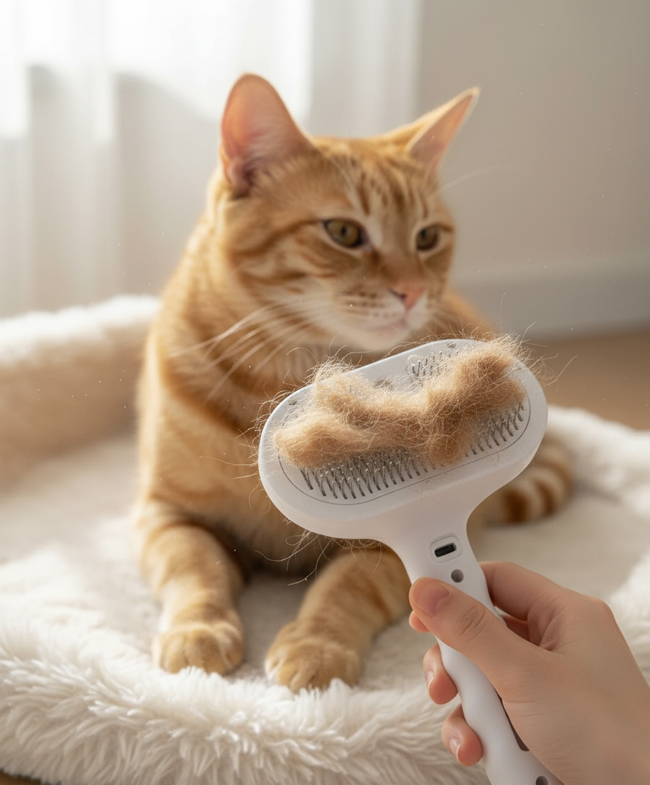 Brosse vapeur 3‑en‑1 pour animaux — décolmatage des poils, soin du pelage, chauffage rapide